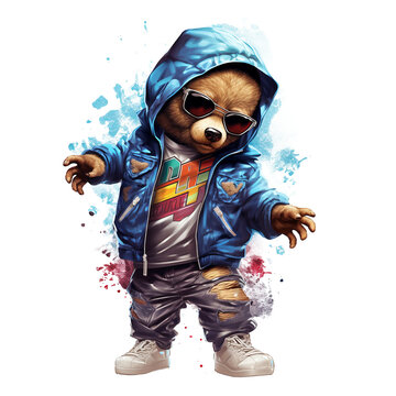 Teddy bear wears jacket a cool hip hop on a clean background, Png for Sublimation Printing, T-shirt Design Clipart, DTF DTG Printing, Toy, Wild Animals, Illustration, Generative AI..