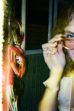 Analog photography of stylish clubber ready to party