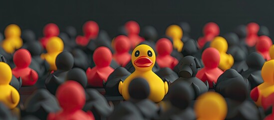 A bright yellow rubber duck stands out in a group of black rubber ducks, symbolizing uniqueness,...
