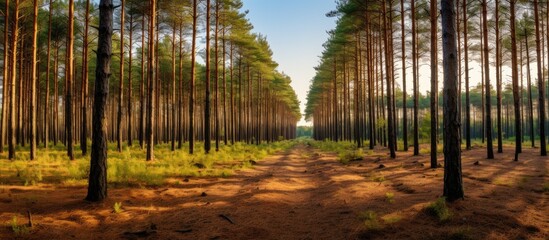 A dirt road winds through a majestic pine forest, surrounded by tall pine trees creating a canopy overhead. The sunlight filters through the thick branches, casting shadows on the forest floor.