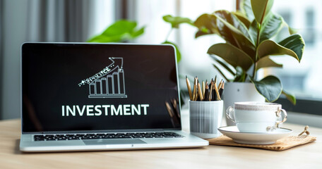 business table with the text INVESTMENT on laptop screen High detailed and high resolution smooth and high quality photo