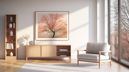 Minimalist Interior with Elegant Wooden Credenza and Blossoming Tree Artwork