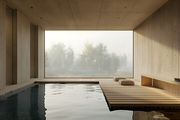 Architectural Design Calm Minimalist Sauna Scene Bare Room Photo Realistic Water Reflections