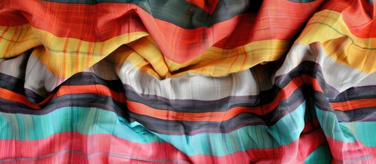 A detailed close-up of a vibrant multicolored cloth with a striped pattern, showcasing a mix of colors and textures. The cloth is neatly folded or arranged on a flat surface.