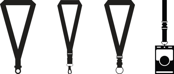 Black lanyard icon set. ID card lanyard for company name identification badge set. Vector illustration