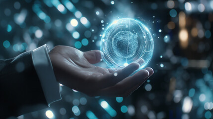 Interaction in virtual reality, touching a holographic globe, the concept of a digital interface