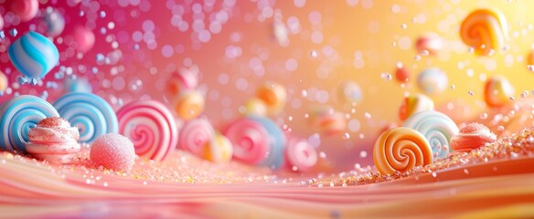 A vibrant candy dreamscape with floating lollipops and sprinkles, set against a warm, sparkling orange backdrop.