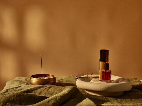 Wellness concept stil life with incence and make up products