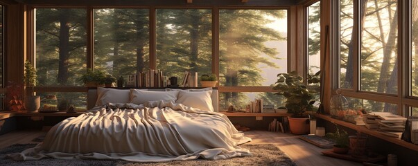 On a winter day, the bedroom bathed in warm sunlight streaming through the large windows offers a...