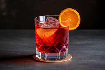 Alcoholic cocktail with orange and ice in glass on grey background