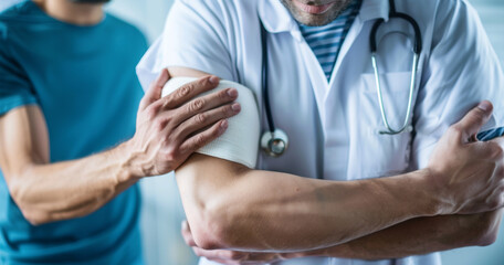 Doctor or Physiotherapist working examining treating injured arm of athlete male patient High-resolution photograph clean sharp focus, focus stacking, digital photography professional photography