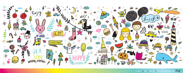 Collection of hand drawn cute doodles,Doodle children drawing,Sketch set of drawings in child style,Funny Doodle Hand Drawn,Page for coloring, cute animal