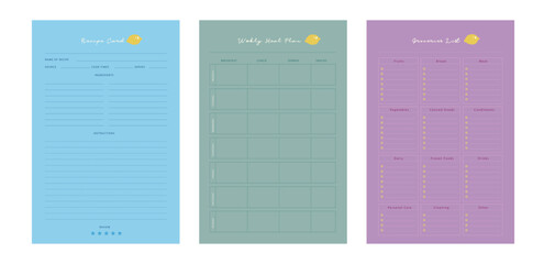 (Lemon) Recipe card, Meal Planner and groceries list planner. Plan you food day easily. Vector illustration.