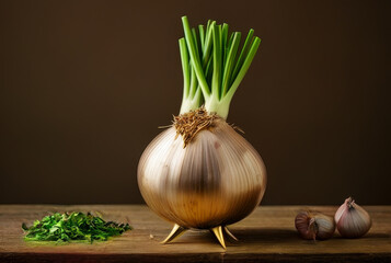 Onion bulb and garlic on wooden table. Selective focus.