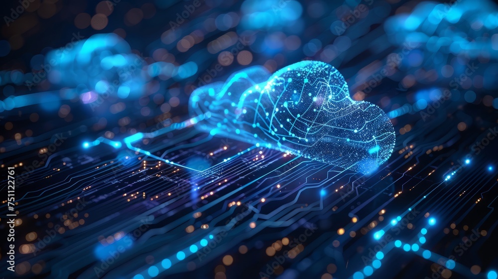 Poster blue digital binary data on computer screen, cloud networking, crypto, ai, firewall network security