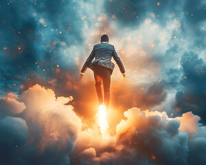 Businessman Flying on a Jetpack Through Clouds