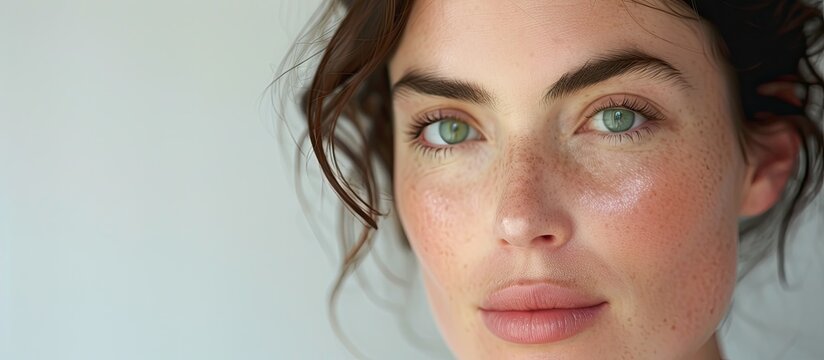 A close-up studio portrait featuring a young Caucasian woman with freckles on her face. She has flawless skin, green eyes, and is wearing natural makeup. The image is isolated on a white background