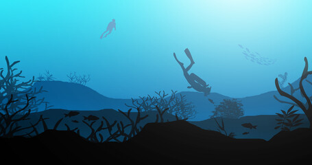 Two Scuba Divers Exploring the Underwater Beauty - Beautiful 2D Landscapes