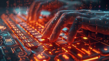 An intense closeup of a hackers hands typing on a custombuilt keyboard complete with flashing LED lights and an intimidating hacker logo in an attempt to breach a companys