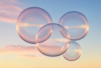 Beautiful soap bubbles floating in the sky at sunset. 3d rendering