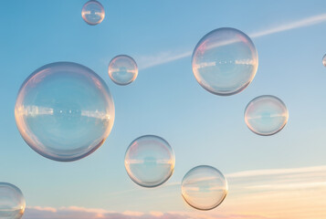 Beautiful soap bubbles floating in the sky at sunset. 3d rendering