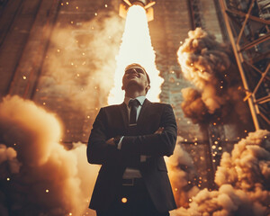 Confident Businessman with Rocket Launching Behind