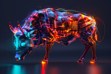 Digital Neon Wireframe Bull in Motion