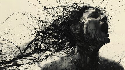Hyper-detailed Black and White Ink Illustration of a Screaming Woman