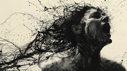 Fototapeta premium Hyper-detailed Black and White Ink Illustration of a Screaming Woman