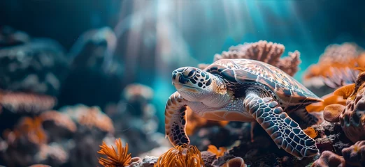 Fotobehang Banner with big sea turtle swims underwater near corals. World Turtle Day and save the turtles concept. © Alexey
