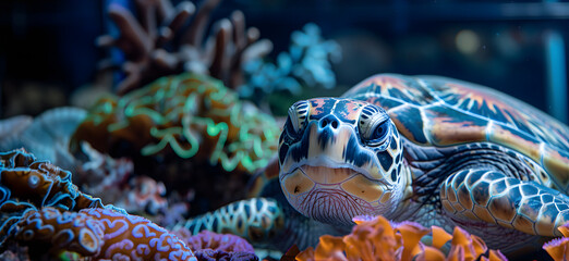 Banner with big sea turtle swims underwater near corals. World Turtle Day and save the turtles concept.