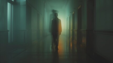 Person Walking Down a Dark and Mysterious Hallway - obrazy, fototapety, plakaty