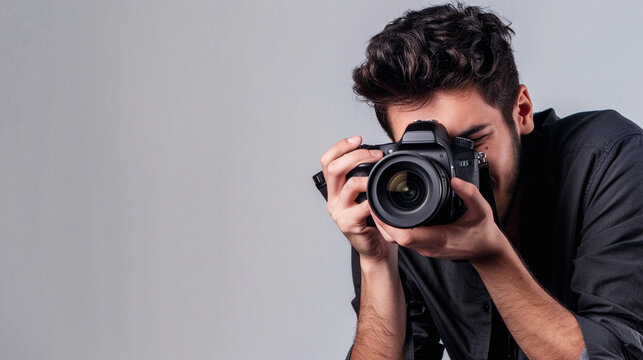 Male photographer with dslr on white color background professional photography