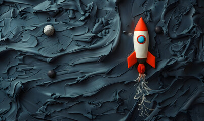 Spaceships flying in space made of plasticine or clay on the dark background. Banner for World's Space party,  cosmonautics day, kid's art concept. Children creativity background with copy space. - obrazy, fototapety, plakaty