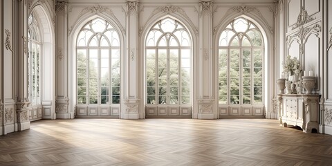 Fototapeta premium A room with arched windows that allow warm natural light to flood in, illuminating the wooden floor and walls adorned with intricate molding and fixtures, creating a timeless and inviting atmosphere