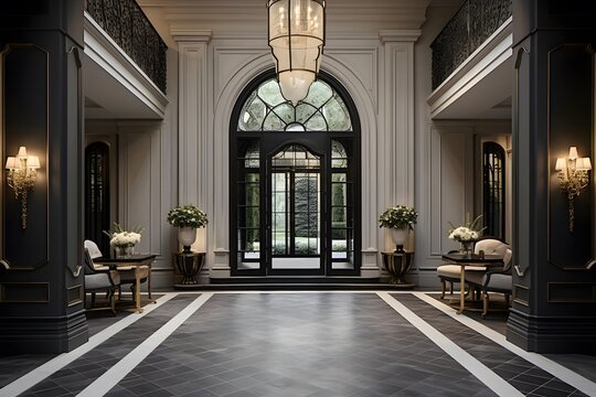 3D render of a luxury hotel lobby with marble floor and walls