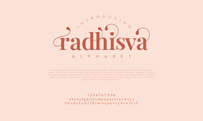 Radhisva premium luxury elegant alphabet letters and numbers for wedding typography classic serif font decorative vintage retro. Creative vector illustration
