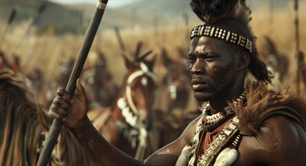 A Zulu warrior riding on horseback commands attention his spear held high. The addition of horses to their army allowed the Zulu warriors to become even more formidable and