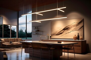 interior of modern kitchen with wooden furniture and panoramic windows