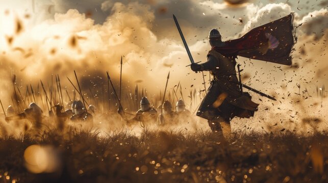 A courageous infantryman charges forward in battle his sword raised high and his face set in determination as he fearlessly faces his enemies.