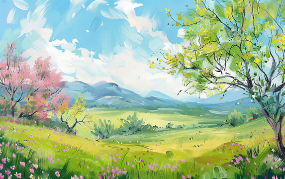 Spring landscape painting of green trees and mountains,created with Generative AI tecnology.