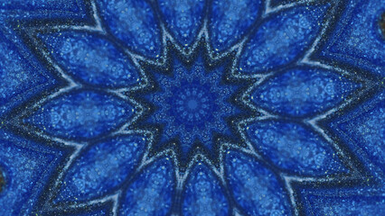 Lotus mandala. Floral kaleidoscope. Blur blue color sparkling glitter texture ink symmetrical...