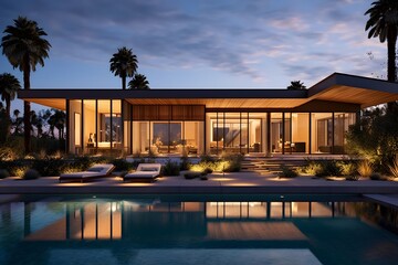 Luxury house with swimming pool at night - 3D render