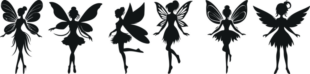 fairy silhouette, Enchanting fairies vector illustration, mystical and elegant, in graceful poses. Perfect fairy art for fantasy themed designs, illuminated by ethereal glow of magical lights