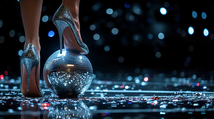 Woman feet in shiny luxury stilettos heels step on a silver sparkling disco ball on dark ball stage background with copy space, generative ai - obrazy, fototapety, plakaty