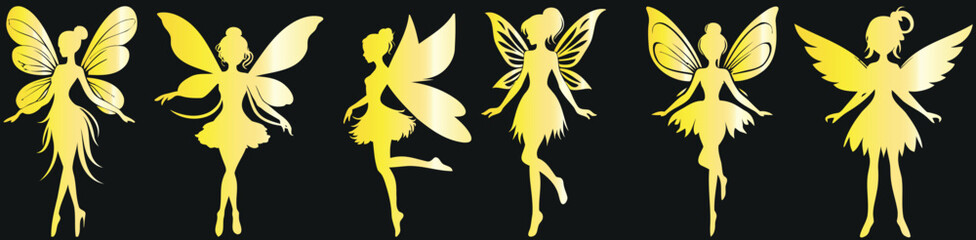 Yellow fairy silhouette, fairy vector floral designs on black background, enchanting artistry, ideal for creative projects, fantasy, magical, mystical, ethereal, whimsical, Fairies vector graphic