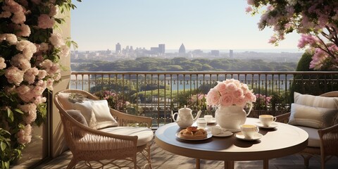 Picturesque balcony setting with floral decor, a round table with morning tea, overlooking the city