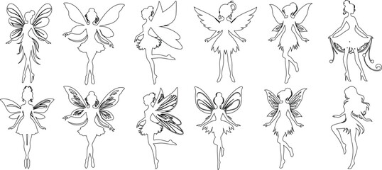 Elegant fairy line art, intricate Fairies wing designs, various graceful poses, perfect fairy vector for fantasy themed projects, expressive movement, delicate detail
