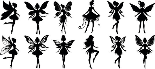 Naklejka premium Fairy silhouette, magical Fairies, enchanting fairy vector figures, fantasy themed designs, childrens story illustrations, mystical fairy artwork