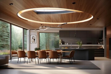 3d rendering of a modern dining room with a panoramic window